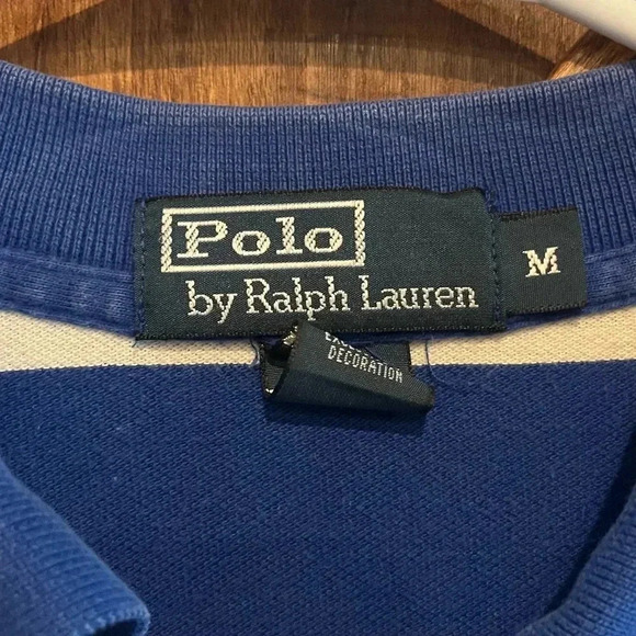 POLO RALPH LAUREN MENS BLUE AND WHITE STRIPED POLO STORR SLEEVE SZ MEDIUM - Picture 2 of 4
